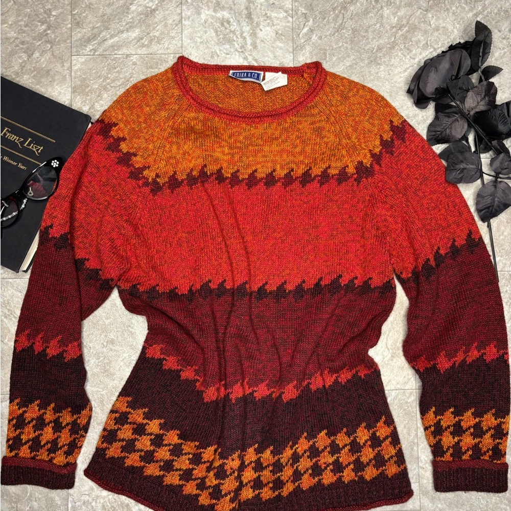 Vibrant Red and Orange Patterned Sweater